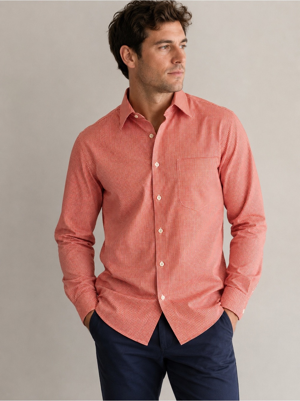 Peter Millar Men's Long-Sleeve Button-Up Shirt in Orange Gingham